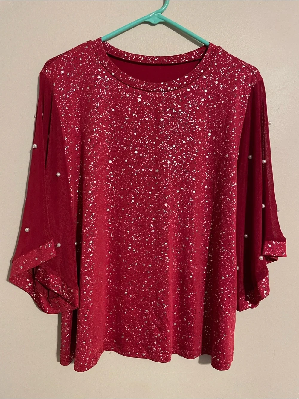 Embellished Crimson Mesh Sleeve Women's Blouse